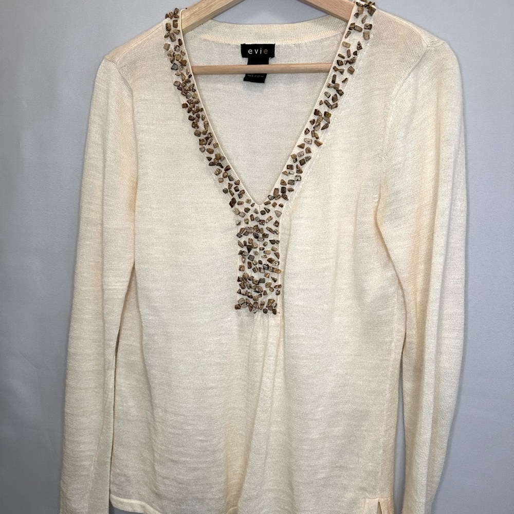 Evie Womens Blouse 100% Linen Knit Beaded Long Sleeve Side Slit Tunic Sweater S - Picture 5 of 9